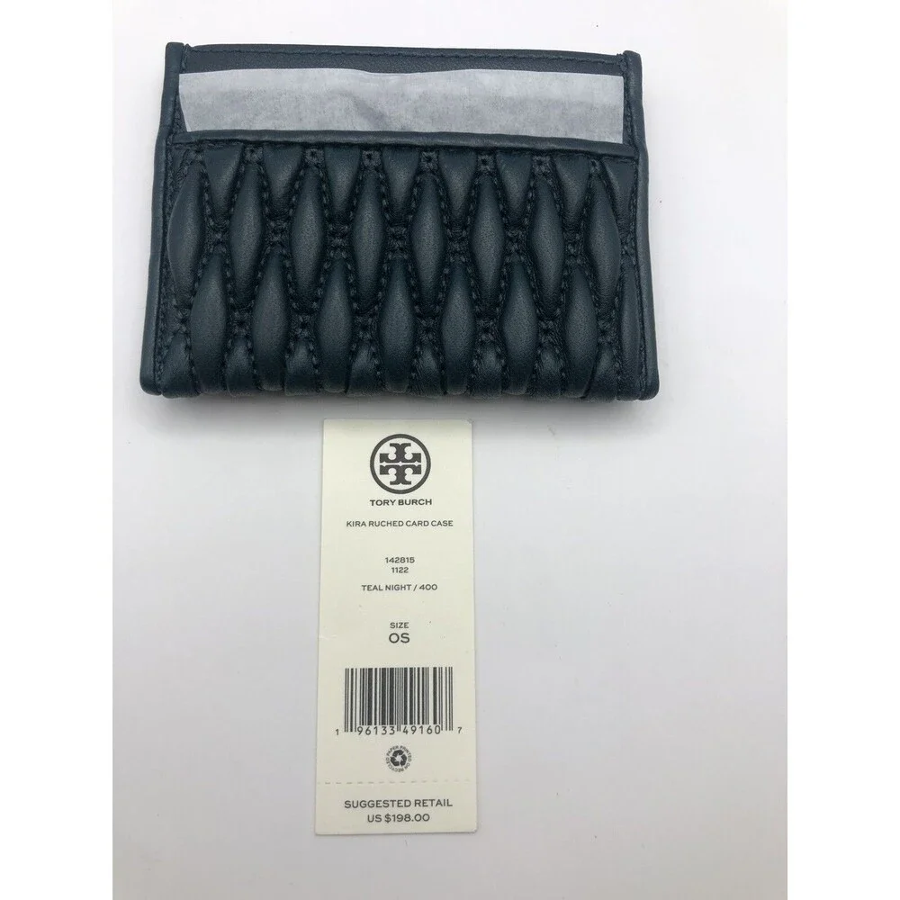Tory Burch Teal Night Ruched Leather Kira Quilted Card Case Mini Wallet New